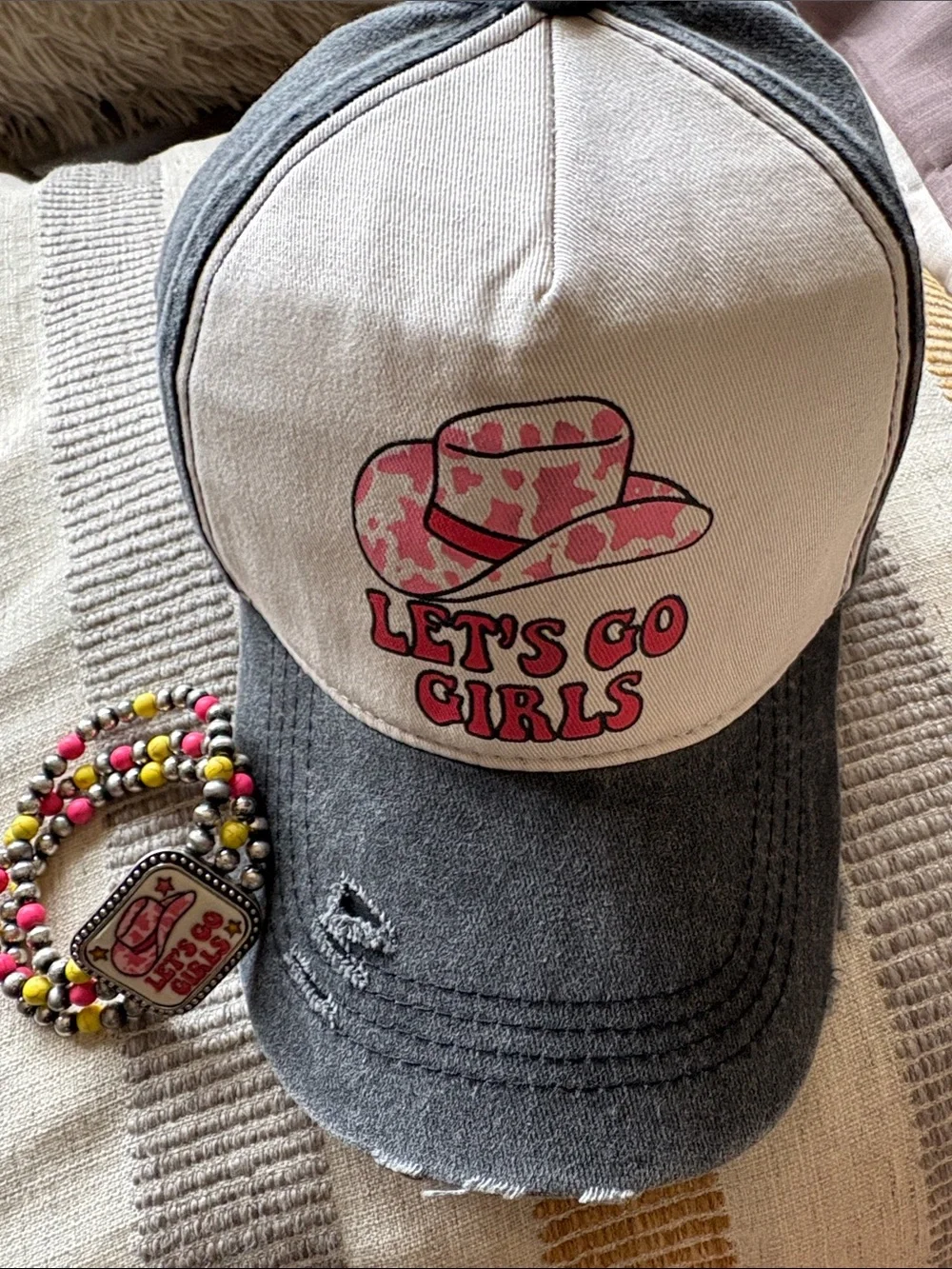 Let’s Go Girls Pink Camo Trucker Hat - Women's Casual Baseball Cap & Bracelet
